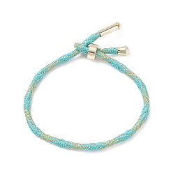 Medium Turquoise Couple Wave Pattern Nylon Round Cord Silder Bracelet with Brass Clasp for Women, Cadmium Free & Lead Free, Medium Turquoise, Inner Diameter: 2-1/2inch(6.25~6.3cm) 