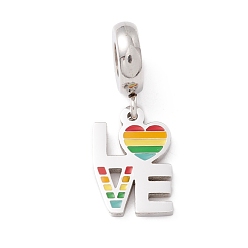 Stainless Steel Color 304 Stainless Steel European Dangle Charms, Large Hole Pendants, with Enamel, Word Love, Stainless Steel Color, 24mm, Hole: 4mm