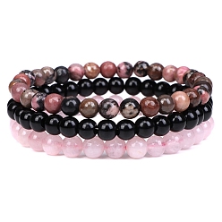 Rhodonite 3 pcs 3 style rhodonite naturelle & agate noire & quartz rose ensemble de bracelets extensibles à perles rondes, bracelets empilables de pierres précieuses pour femme, large: 6 mm, 7-1/4~7-1/2 pouce (18.5~19 cm), 1 pc / style