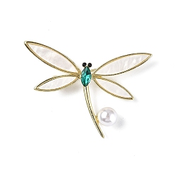 Erinita Broche de libélula de diamantes de imitación con broche de perlas de imitación de plástico, insignia de aleación de oro claro para ropa de mochila, Erinite, 45x50x9 mm
