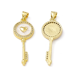 Real 18K Gold Plated Rack Plating Brass Micro Pave Cubic Zirconia Pendants, with Enamel, Cadmium Free & Lead Free, Long-Lasting Plated, Key with Heart Charm, Real 18K Gold Plated, 33.5x12.5x3mm, Hole: 4x3.5mm