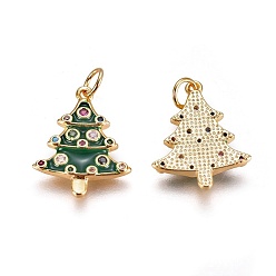 Golden Brass Micro Pave Cubic Zirconia Pendants, with Enamel and Jump Ring, Christmas Tree, Green, Golden, 18.5x15x2mm, Hole: 3mm