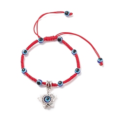 Red Alloy Lotus Charm Bracelet, Resin Evil Eye Braided Adjustable Bracelet for Women, Red, Inner Diameter: 2-1/8~3-3/4 inch(5.5~9.5cm)