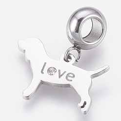 Stainless Steel Color 304 Stainless Steel Puppy European Dangle Charms, Large Hole Pendants, with Rhinestone, Dog Silhouette with Word Love, Stainless Steel Color, 20mm, Hole: 4mm, Pendant: 12x17.5x1mm