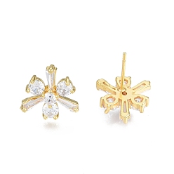 Real 18K Gold Plated Clear Cubic Zirconia Flower Stud Earrings, Brass Jewelry for Women, Nickel Free, Real 18K Gold Plated, Clear, 13x12.5mm, Pin: 0.7mm