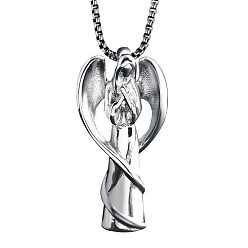 Silver Angel Urn Ashes Pendant Necklace, 316L Stainless Steel Memorial Jewelry for Men Women, Silver, 23.62 inch(60cm)