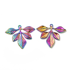 Rainbow Color Ion Plating(IP) 304 Stainless Steel Pendants, Leafy Branch Charms, Rainbow Color, 29x35x2mm, Hole: 2mm
