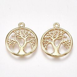 Real 18K Gold Plated Brass Pendants, Flat Round with Tree of Life, Real 18K Gold Plated, 18x15x1.5mm, Hole: 1.2mm