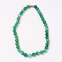 Dark Green Natural Dyed Agate Beads Necklaces, with Brass Lobster Claw Clasps, Round, Dark Green, Beads:12mm, 18.9 inch(48cm)