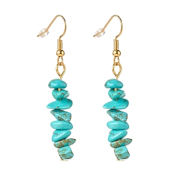 Turquoise Synthétique Boucles d'oreilles pendantes en perles de turquoise synthétique, boucles d'oreilles gouttes de pierres précieuses pour femmes, bijoux en laiton, or, 50~54x7~11.5x5~8mm, pin: 0.7 mm