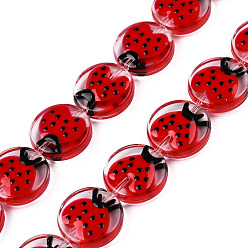 Red Transparent Acrylic Beads Strands, with Enamel, Flat Round with Ladybird, Red, 15x5mm, Hole: 1.2mm, about 35pcs/strand, 20.67 inch(52.5cm)