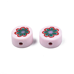 Green Handmade Polymer Clay Beads, Flat Round with Flower, Green, 9~10x4~4.5mm, Hole: 1.2~1.8mm