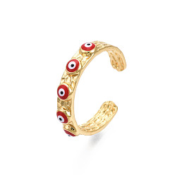 Red Real 18K Gold Plated Brass Open Cuff Ring with Enamel Evil Eye for Women, Nickel Free, Red, US Size 8(18.1mm)