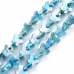 Sky Blue Natural Freshwater Shell Beads Strands, AB Color Plated, Dyed, Butterfly, Sky Blue, 10~11x12.5~13.5x3mm, Hole: 0.7mm, about 38~39pcs/strand, 12.80 inch~12.99 inch(32.5~33cm)