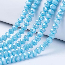 Deep Sky Blue Electroplate Glass Beads Strands, Opaque Solid Color, AB Color Plated, Faceted, Rondelle, Deep Sky Blue, 4x3mm, Hole: 0.4mm, about 130pcs/strand, 16.54 inch(42cm)