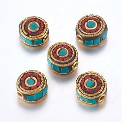 Red Handmade Indonesia Beads, with Brass Findings, Nickel Free, Flat Round, Raw(Unplated), Red, 12x6~7.5mm, Hole: 2mm
