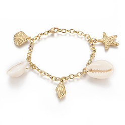 Golden 304 Stainless Steel Charm Bracelets, with Natural Cowrie Shell, Starfish/Sea Stars with Shell and Conch, Golden, 7-3/4 inch(19.6cm), 4mm