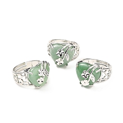 Green Aventurine Natural Green Aventurine Adjustable Rings, Platinum Tone Heart with Flower Brass Rings for Women, Cadmium Free & Lead Free, US Size 6 3/4(17.1mm), 4.5~9mm
