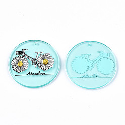 Light Cyan Acrylic Pendants, 3D Printed, Flat Round with Bicycle & White Daisies Pattern, Light Cyan, 35x3mm, Hole: 1.6mm