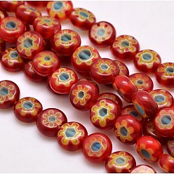 Fuego Ladrillo Vidrio millefiori artesanal planas hebras de perlas redondas, diseño de una sola flor, ladrillo refractario, 8x4 mm, agujero: 1 mm, sobre 53 unidades / cadena, 14.7 pulgada