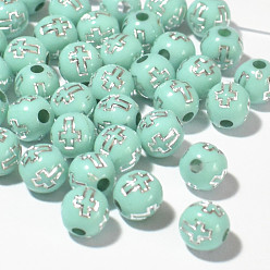 Aigue-marine Perles acryliques plaquées, ronde avec la croix, aigue-marine, 8mm, 1800 pcs /sachet 