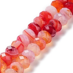 Rouge Agate à bandes naturelles / brins de perles d'agate à rayures, teints et chauffée, facettes rondelle, rouge, 8~8.5x5~5.5mm, Trou: 1mm, Environ 72 pcs/chapelet, 15.24~15.35'' (38.7~39 cm)