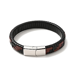 Stainless Steel Color Leather Braided Rectangle Cord Bracelet with 304 Stainless Steel Magnetic Clasps for Men Women, Stainless Steel Color, 8-5/8 inch(22cm)