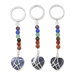 Sodalite Natural Sodalite Heart Keychain, with Chakra Gemstone Bead and Platinum Tone Rack Plating Brass Findings, 10.5cm
