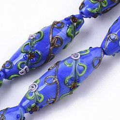 Bleu Brins de perles au chalumeau de sable d'or faites à la main, cahoteuse, riz avec motif de fleurs, bleu, 45~47.5x14.5~15.5mm, Trou: 1.5mm, Environ 10 pcs/chapelet, 17.72 pouce