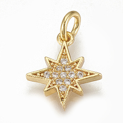 Golden Brass Micro Pave Cubic Zirconia Charms, with Jump Rings, Star, Golden, 13x11.5x2mm, Hole: 3mm