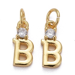 Letter B Brass Micro Pave Clear Cubic Zirconia Pendants, with Jump Rings, Real 18K Gold Plated, Long-Lasting Plated, Letter, Letter.B, 10x4x2mm