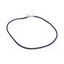 Black Trendy Braided Imitation Leather Necklace Making, with Iron End Chains and Lobster Claw Clasps, Platinum Metal Color, Black, 16.9 inchx3mm