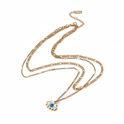 Golden Enamel Evil Eye Pendant Double Layer Necklace, 304 Stainless Steel Curb & Link Chains Necklace for Women, Golden, 16.14 inch(41cm)