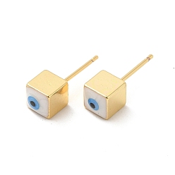 White Long-Lasting Plated Cube with Enamel Evil Eye Stud Earring, Real 18K Gold Plated Brass Jewelry for Women, White, 6x6mm, Pin: 0.8mm