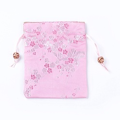 Pink Мешочки для упаковки шелка, шнурок сумки, с деревянных бусин, розовые, 14.7~15x10.9~11.9 см