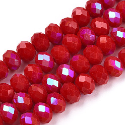 Brique Rouge Galvanoplastie opaques couleur unie perles de verre brins, demi arc-en-ciel plaqué, facette, rondelle, firebrick, 6x5mm, Trou: 1mm, Environ 85~88 pcs/chapelet, 16.1~16.5 pouce (41~42 cm)