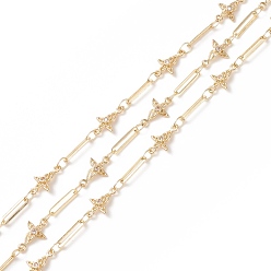 Real 14K Gold Plated Clear Cubic Zirconia Flower Link Chains, with Brass Paperclip Chains, Soldered, with Spools, Cadmium Free & Lead Free, Real 14K Gold Plated, Bar: 9.5x2.5x0.6mm, Flower: 11.5x7x2mm