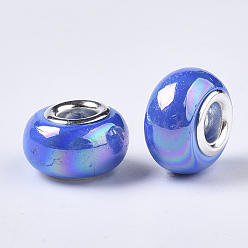Bleu Perles européennes en résine opaque, Perles avec un grand trou   , imitation porcelaine, en laiton de tonalité de platine noyaux doubles, couleur ab , rondelle, bleu, 14x9mm, Trou: 5mm