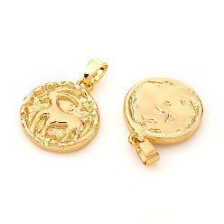 Capricorn Brass Pendants, Textured, Flat Round with Constellation/Zodiac Sign, Real 18K Gold Plated, Capricorn, 16.5x14x2mm, Hole: 5x2.5mm