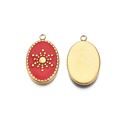 Dark Red 304 Stainless Steel Enamel Pendants, Real 18K Gold Plated, Oval with Sun, Dark Red, 23x14.5x3mm, Hole: 2mm