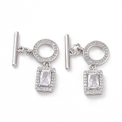 Platinum Brass Pave Clear Cubic Zirconia Toggle Clasps, Ring with Rectangle, Platinum, Bar: 15x4x1.5mm, Hole: 1.5mm, Rectangle: 12.5x21.5x4.5mm, Hole: 1.2mm