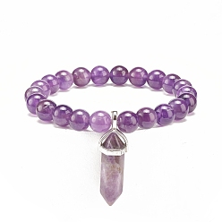 Amethyst Natural Amethyst Round Beaded Stretch Bracelet with Bullet Shape Charm, Gemstone Jewelry for Women, Inner Diameter: 2-1/8 inch(5.4cm)