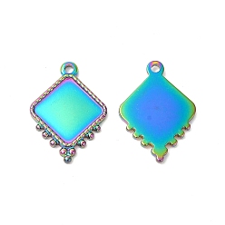 Rainbow Color Ion Plating(IP) 304 Stainless Steel Pendant Cabochon Settings, Rhombus, Rainbow Color, Tray: 13.5x13.5mm, 21x15x2mm, Hole: 1.6mm