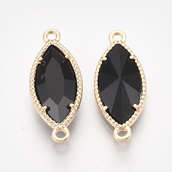 Black Glass Links, with Light Gold Plated Eco-Friendly Alloy Findings, Faceted, Horse Eye, Black, 21x9x4mm, Hole: 1.2mm