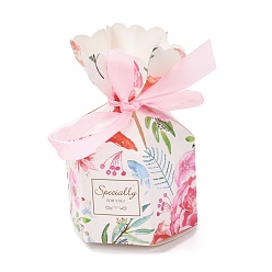 Цветок Бумажные коробки конфет, ювелирные изделия конфеты свадьба подарочная упаковка, с лентой, шестиугольная ваза, цветочный узор, 7.25x7.2x13.1 см