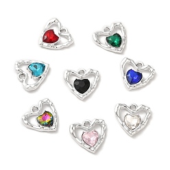 Mixed Color Rack Plating Alloy Pandants, with Glass, Nickel Free, Heart Charms, Platinum, Mixed Color, 19x19x5mm, Hole: 2.3mm