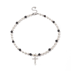Белый Ожерелье из сплава с крестом и крестом, Ожерелье с цепочками из бисера из натурального лавового камня и ракушек для женщин, белые, 17.05 дюйм (43.3 см)