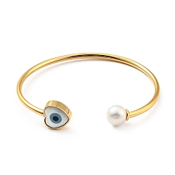 Golden Shell Pearl & Heart with Evil Eye Open Cuff Bangle, 304 Stainless Steel Jewelry for Woman, Golden, Inner Diameter: 1-3/4x2-1/8 inch(4.6x5.45cm)