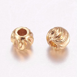 Real 18K Gold Plated Brass Corrugated Beads, Round, Long-Lasting Plated, Real 24K Gold Plated, 3x2.5mm, Hole: 1mm