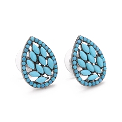 Turquoise Bohemian Synthetic Turquoise Teardrop Stud Earrings, Alloy Jewelry for Women, Gunmetal, Turquoise, 18x12.5x2.5mm, Pin: 0.6mm
